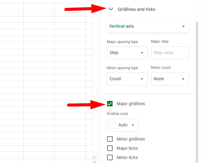 red arrow pointing to "Gridlines and ticks." and another red arrow pointing to “Major gridlines” tick