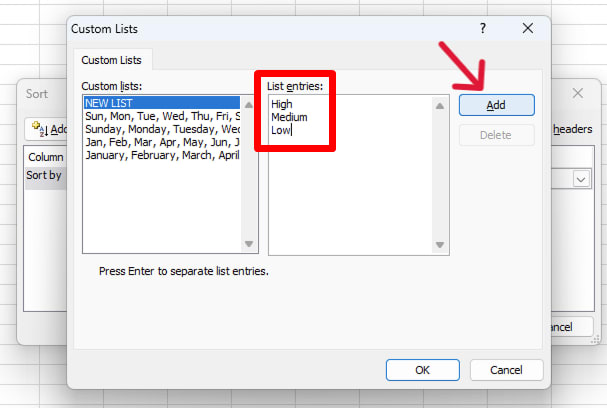 red arrow pointing to ‘Add’ to save the custom list