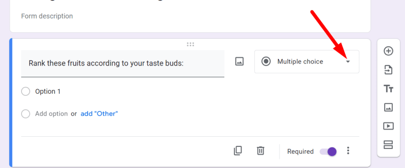 red arrow pointing to the drop down arrow right to the multiple choice in a google form