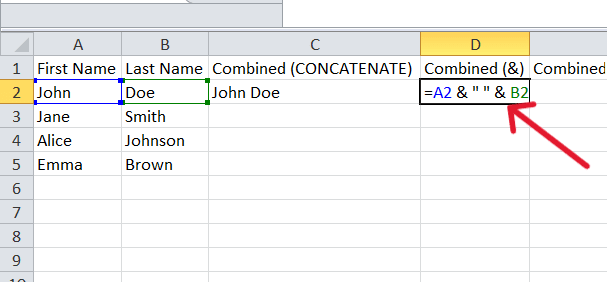 red arrow pointing to the formula for combine first and last name by using Ampersand Operator