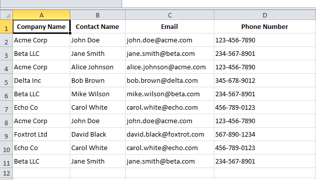 screenshot of an Excel file that contains some duplicate entries