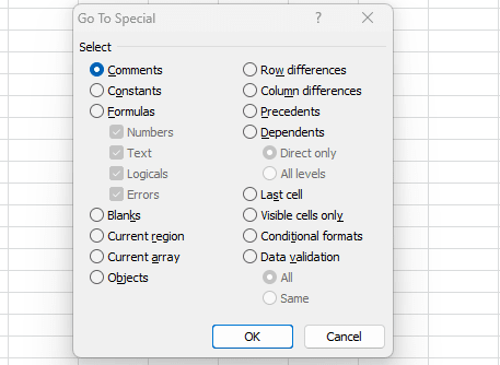 “Go To Special” dialog box preview