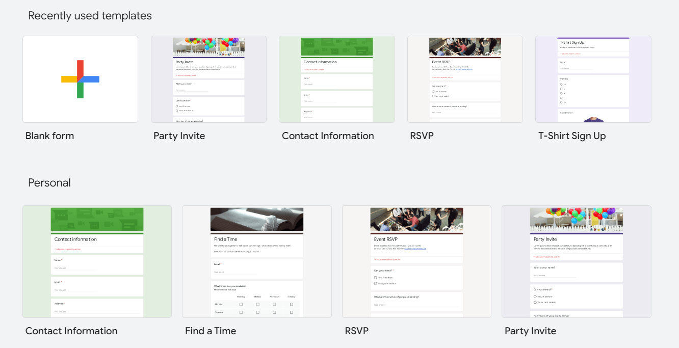 screenshot of google form template gallery