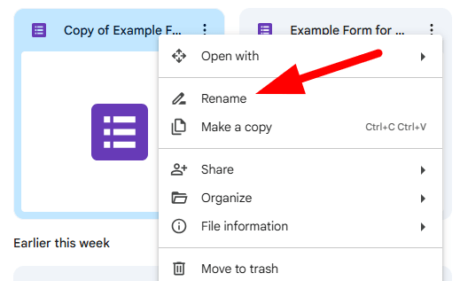 red arrow pointing to Rename option of a google form