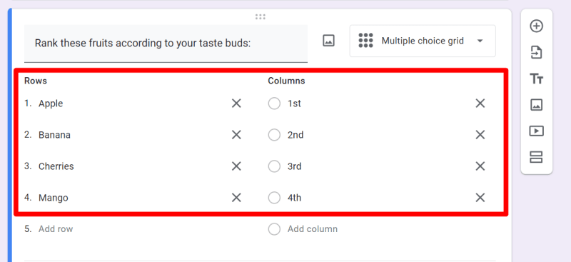red rectangle highlights rows and column name in a google form