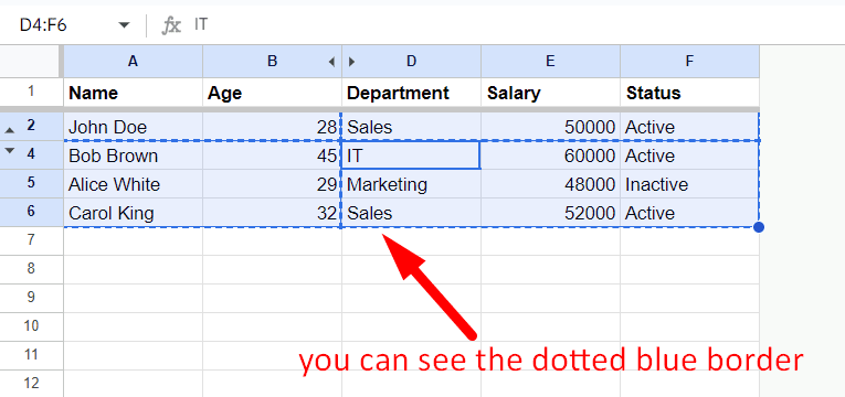 red arrow pointing to dotted blue border in google sheet