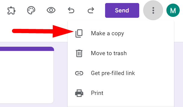 red arrow pointing to "Make a copy" of google form 