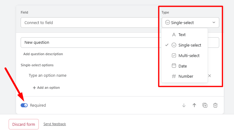 red arrow pointing to Required toggle when its on in asana form question